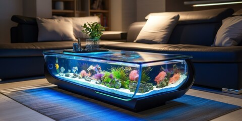 Modern living room with a fish tank coffee table.