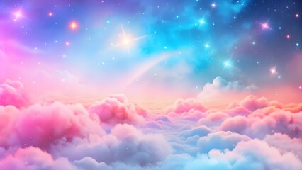 Pastel rainbow unicorn background including sparkling stars. A hazy, pink fantasy sky. Charming holographic area. pink and blue gradient