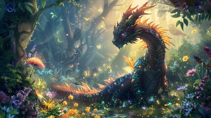 Magical Dragon in a Forest of Flowers