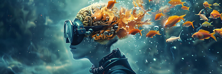 A deep-sea diver with fish swimming out of their brain and Symbolizing the concept of isolation stress and mental health in extreme environments. 