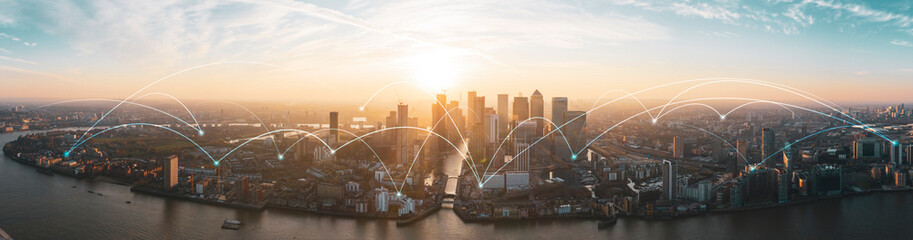 Financial district london, cityscape view of London scenery big data network connections