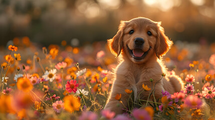 Golden Retriever Puppy in a Field of Flowers Photo