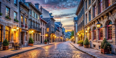 Charming old town Montreal with famous cobbled streets illuminated at twilight
