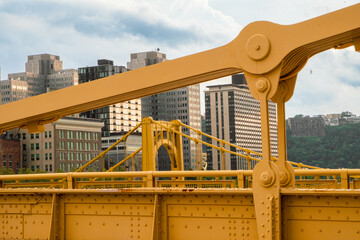 Roberto Clemente Bridge and Pittsburg, PA skyline framed by Andy Warhol bridge.