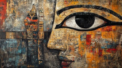 Colorful abstract painting of an Egyptian eye and hieroglyphics, full of vibrant textures and cultural elements.