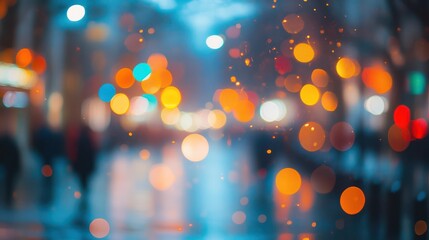A blurry image of a city street with lights and people. Scene is busy and lively, with the bright lights and movement of people creating a sense of energy and excitement