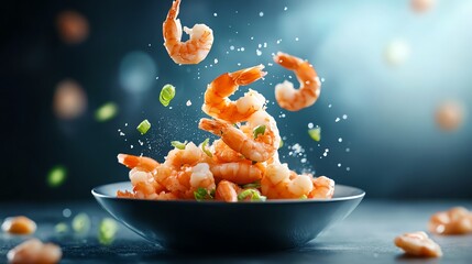 Fresh shrimp jumping into a bowl, creating a vibrant culinary spectacle with a sprinkle of seasoning and a touch of green herbs.