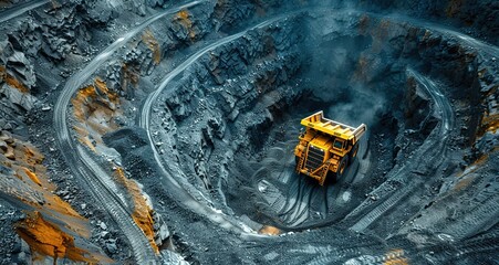 Aerial view of a large open pit mine with a yellow dump truck hauling ore. Mining operation, industrial work, heavy machinery.
