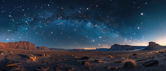 Panoramic view of a starry night sky over a desert landscape with rock formations and scattered vegetation, showcasing the beauty of the Milky Way.