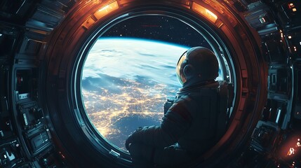 Astronaut inside spaceship cabin, looking out the window at Earth, exploring the universe from a rocket shuttle, future of space travel and technology in a cosmic background