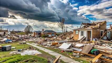 Destroyed buildings and debris scattered around after a tornado hits during a spring storm