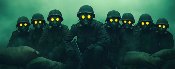 Soldiers in Gas Masks and Helmets During a Wartime Fog