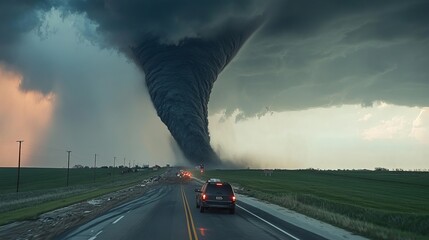 A mighty tornado crosses a highway, leaving a trail of destruction in its wake. This awe-inspiring image captures the raw power and danger of nature.