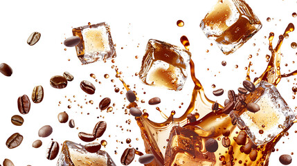 Iced coffee splash with ice cubes and coffee beans bouncing in the air, creating a dynamic and energetic scene, isolated on a white background