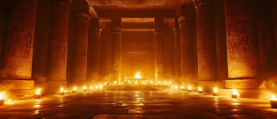Eerie Otherworldly Egyptian Temple Hallway Bathed in Mystical Candlelight An ancient Egyptian temple interior illuminated by flickering candles and shadows creating an atmospheric