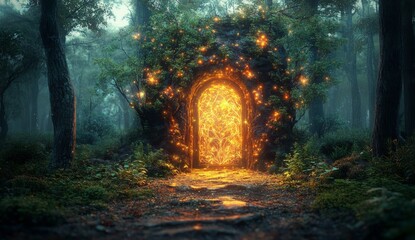 Spectacular fantasy scene with a portal archway covered in creepers. In the fantasy world, ancient magical stone gate show another dimension. Digital art 3D illustration. 