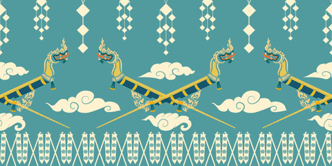 The Rocket Festival decorated with flag and cloud. Cultural seamless pattern of the northeastern region of Thailand according to beliefs,vector illustrations.