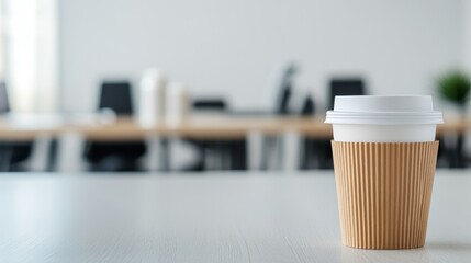 A single takeaway coffee cup sits on a white desk in an office setting. The background is blurred.