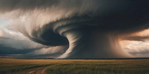 Dramatic tornado cloud swirling ominously over a vast countryside field.