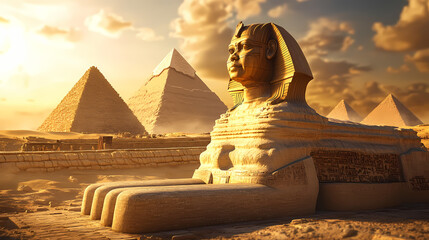 Fantasy view of egyptian sphinx with egyptian pyramids in background, cairo, egypt. 3d ancient egypt gods, illustration. Egyptian Pyramids. Illustration