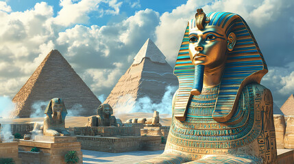 Fantasy view of egyptian sphinx with egyptian pyramids in background, cairo, egypt. 3d ancient egypt gods, illustration. Egyptian Pyramids. Illustration