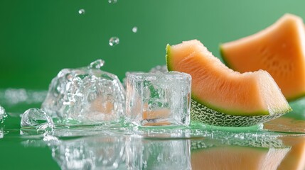 Fresh melon slices beside ice cubes on a reflective surface, creating a refreshing scene.