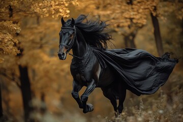 Horse in a witch costume with a flowing black cape galloping through a forest, witch horse, majestic Halloween animal