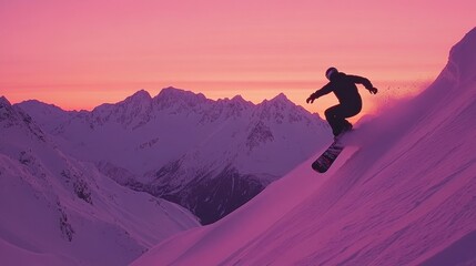 Snowboarder glides down a snowy mountain slope at sunset with vibrant pink and purple skies in the background of majestic peaks