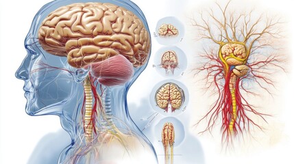 An illustration showing the effects of nervous system disorders on the brain and nerves, with specific regions highlighted