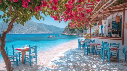 Turquoise sea water and boats on a sunny day at a greek beach with a cozy restaurant