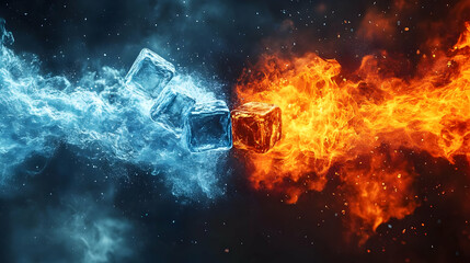 Ice Cubes Collide with Blazing Fire in Abstract Background