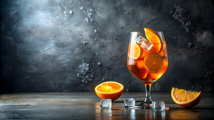 Cocktail spritz with orange slice and ice cubes in minimalist photorealistic style, cocktail, spritz, drink, alcoholic