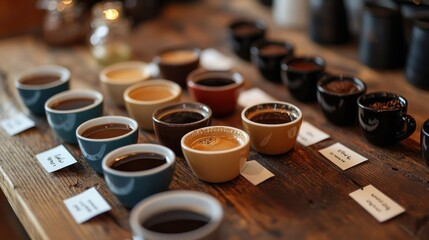 A coffee tasting session with a variety of coffee cups, each labeled with their origin and flavor notes