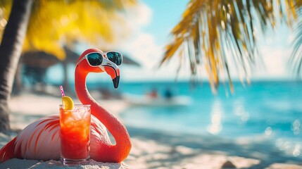 A pink flamingo sits on the beach next to a drink in the sun