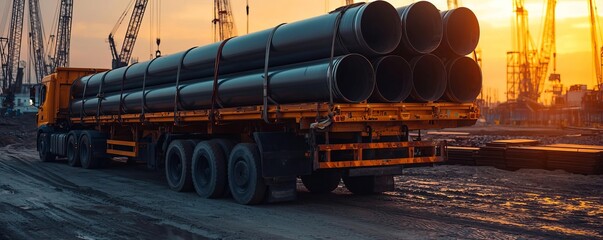 A truck loaded with large black pipes at a construction site during sunset, showcasing industrial transport and engineering.