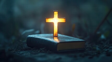 Bible placed at the base of a cross, glowing softly, symbolizing the foundation of Christian faith