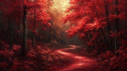 Enchanted red fantasy forest landscape with winding pathway and lush trees