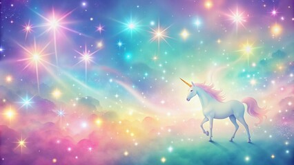 Whimsical pastel rainbow unicorn background features sparkling stars, hazy pink fantasy sky, charming holographic area, and fairy iridescent gradient backdrop.