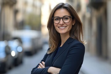 A smiling spanish businesswoman glasses photo face.