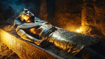 A Pharaoh Laid to Rest in a Tomb with Golden Decorations