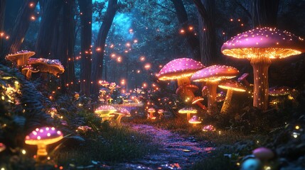 A magical forest path lit by glowing mushrooms and fireflies.