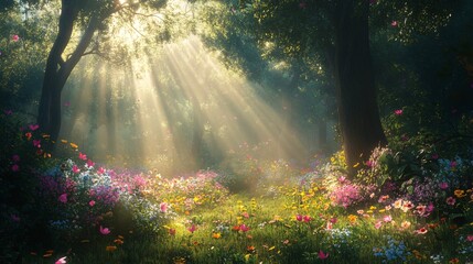 Magical Forest Meadow With Sunbeams and Butterflies
