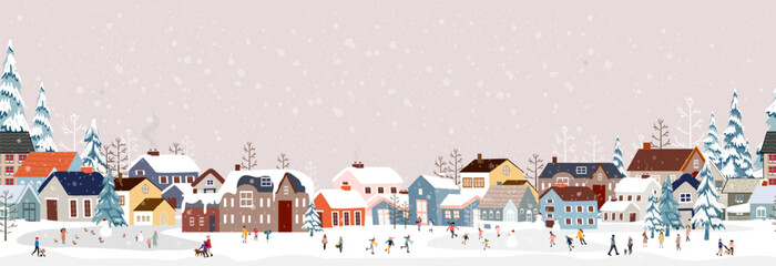 Seamless pattern Winter City Scene,Christmas Greeting Card,New Year Background,Vector illustration Endless Horizon Cute Fairy Houses with Snowy.Pattern Christmas winter landscape Design for Postcard