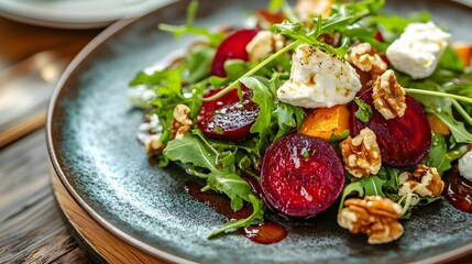 sałatka, buraki, pieczone, jesień, kozi ser, orzechy, rukola, talerz, ceramika, sałatki, elegancja, dekoracja, zielenina, świeżość, kolor, restauracja, gourmet, luksus, zdrowie, wegetariańskie, warzyw