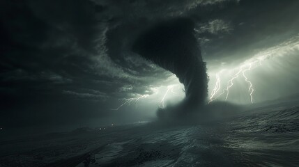 A dramatic wide shot of a turbulent tornado with dark storm clouds