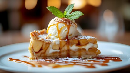 jabłecznik, ciasto, jesień, deser, lody, waniliowe, karmel, sos, cynamon, elegancja, talerz, biała porcelana, dekoracja, sztuka kulinarna, wypiek, cukiernictwo, słodkie, gourmet, restauracja, fine din