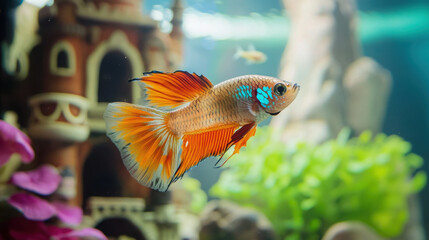 Guppy fish swimming near a decorative castle in an aquarium setting
