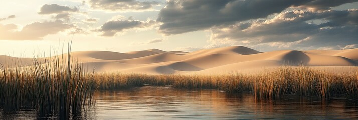 A realistic rendering of an oasis in the desert, with tall grasses and water reflecting sunlight
