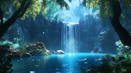 A virtual lake in the middle of a 4D valley, surrounded by glowing forests and fantasy mountains, with animated waterfalls cascading under a futuristic sky 