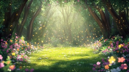 Enchanted forest clearing with glowing fireflies and blooming flowers.